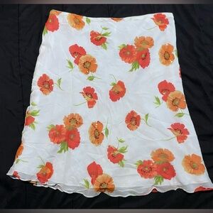 Bob Mackie White and Orange Silk Floral Midi Skirt
